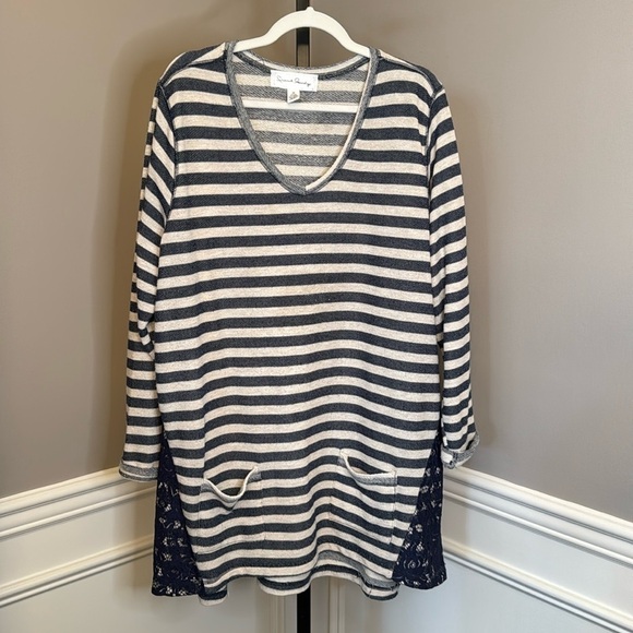 French laundry terry cloth tunic sweatshirt size 3X in oatmeal and navy - Picture 1 of 6